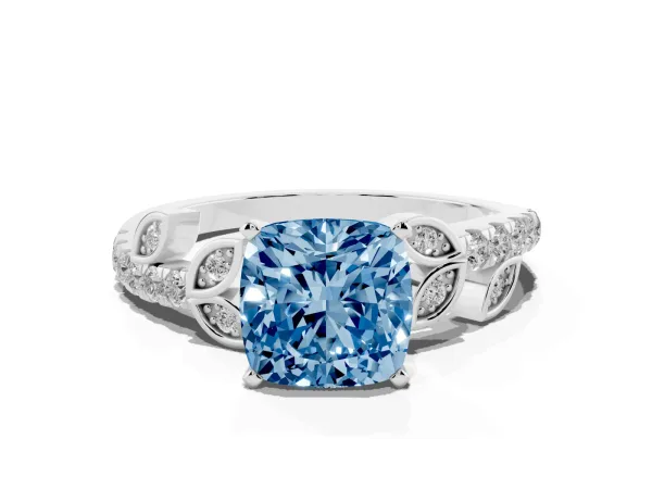 Fancy Blue Cushion Cut Solitaire Leaf-Inspired Diamond Ring with Pavé Band and Four-Prong Setting Platinum