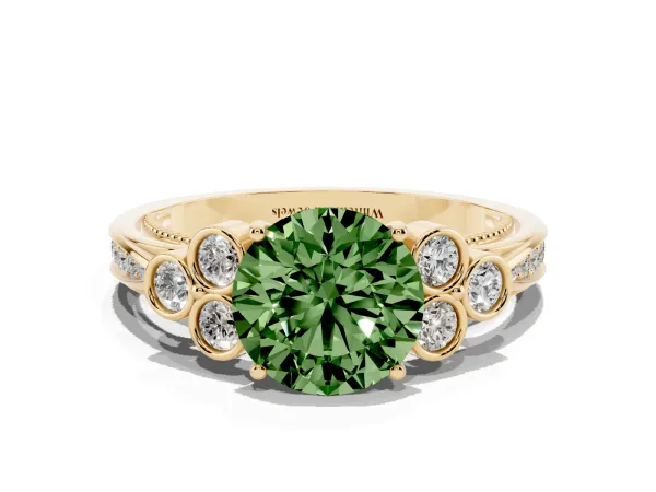 Fancy Green Round Cut Cut Diamond Engagement Ring with Bezel Set Round Side Stones and Prong Setting Yellow gold