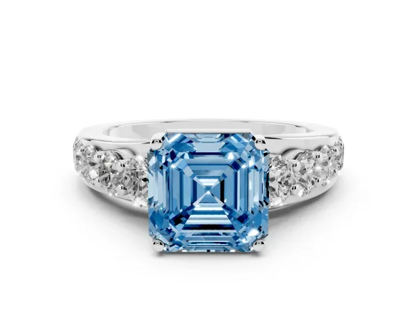 Fancy Blue Asscher Cut Diamond Engagement Ring with Pavé Band and Four-Prong Setting Platinum
