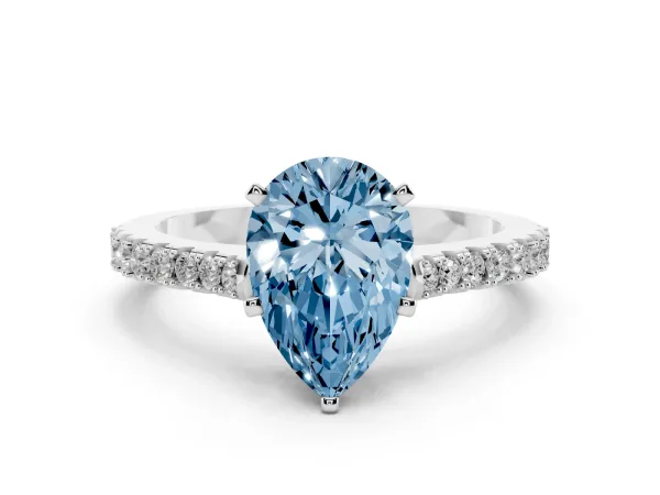 Fancy Blue Pear Cut Cut Solitaire Diamond Engagement Ring with Pave Band and Four-Prong Setting Platinum