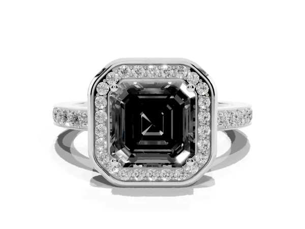 Fancy Black Asscher Cut Diamond Halo Ring with Bezel Frame and Pavé Band White gold