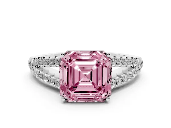 Fancy Pink Asscher Cut Diamond Split Shank Engagement Ring with Round Pavé and Prong Setting Platinum