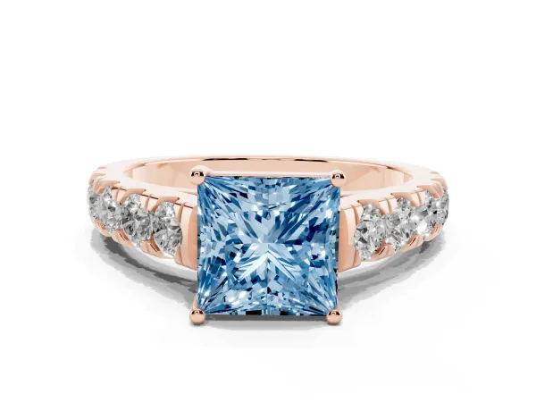 Fancy Blue Princess Cut Cut Diamond Solitaire Ring with Micro Pave Band and Prong Setting Rose gold