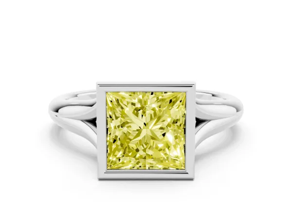 Fancy Yellow Bezel Set Princess Cut Solitaire Diamond Ring with Smooth Band White gold
