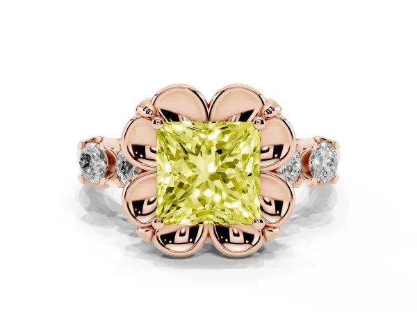 Fancy Yellow Princess Cut Cut Diamond Floral Halo Engagement Ring with Shared Prong Setting Rose gold