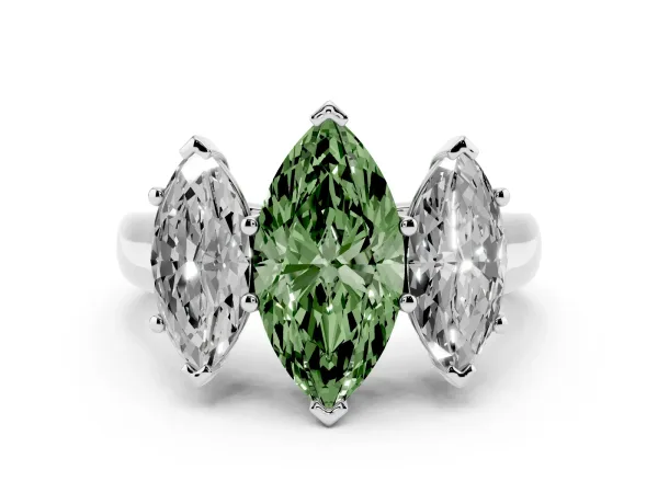 Fancy Green Marquise Cut Three-Stone Diamond Ring with Prong Setting on a Classic Band Platinum