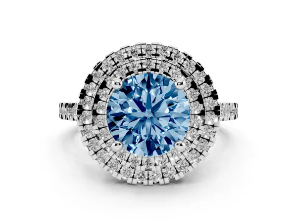 Fancy Blue Double Halo Round Cut Diamond Pavé Band with Four-Prong Setting Platinum