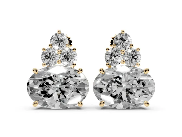 East-West Oval Diamond Cluster Stud Earrings with Round Diamond Accents Yellow gold