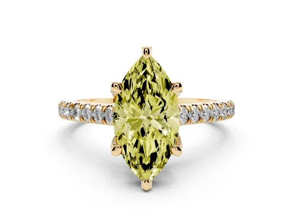 Fancy Yellow Marquise Cut Brilliant Diamond Solitaire with Pavé Band and Four-Prong Setting Yellow gold