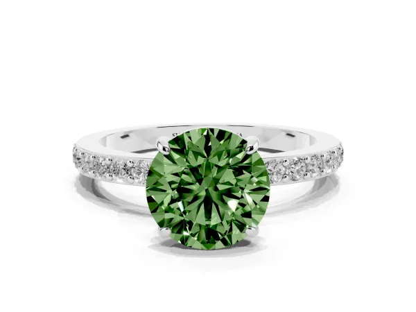 Fancy Green Round Cut Diamond Pavé Engagement Ring with Round Accents and Prong Setting Platinum