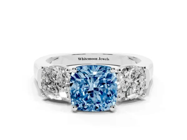 Fancy Blue Three-Stone Cushion Cut Brilliant Diamond Trellis Ring with Comfort Fit Band Platinum