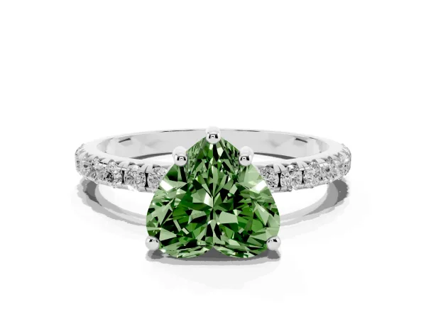 Fancy Green Heart Cut Cut Diamond Solitaire Ring with Micro Pave Band and Four Prong Setting Platinum