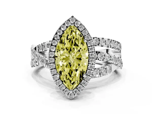Fancy Yellow Marquise Cut Diamond Halo Ring with Round Split Shank and Prong Setting White gold