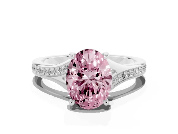 Fancy Pink Oval Cut Diamond Solitaire Ring with Pavé Band and Prong Setting Platinum