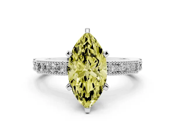 Fancy Yellow Marquise Cut Solitaire with Pavé Band and Four-Prong Setting Platinum