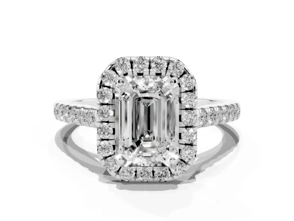Emerald Cut Halo Pave Diamond Engagement Ring with Four-Prong Setting Platinum