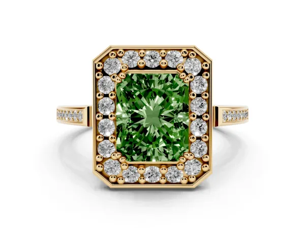 Fancy Green Radiant Cut Diamond Halo Ring with Split Shank and Four-Prong Setting Yellow gold