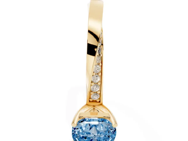 Fancy Blue Cushion Cut Diamond Engagement Ring with Side Stone Accents and Four-Prong Setting Yellow gold