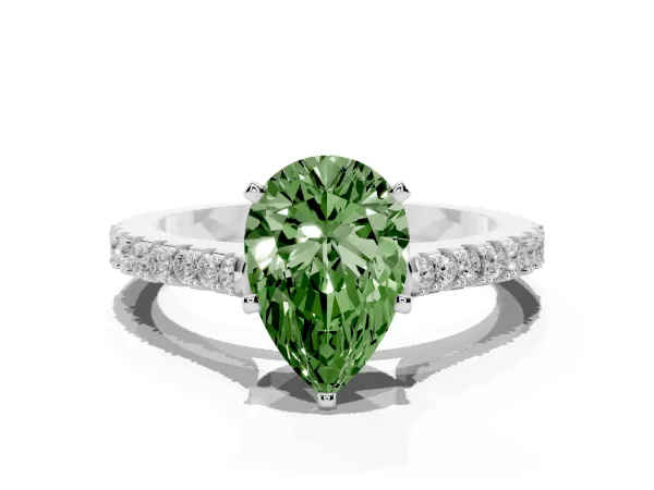 Fancy Green Pear Cut Cut Solitaire Diamond Engagement Ring with Pave Band and Four-Prong Setting White gold