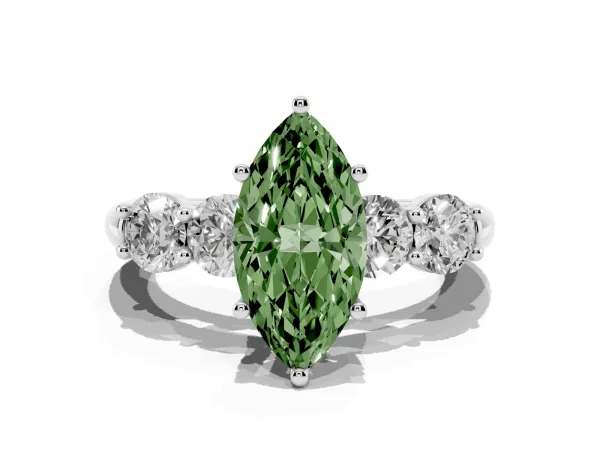Fancy Green Marquise Cut Cut Five-Stone Prong Set Diamond Ring with Classic Band Platinum