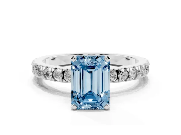 Fancy Blue Emerald Cut Diamond Pavé Band Solitaire with Four-Prong Setting White gold