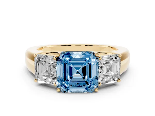 Fancy Blue Three-Stone Asscher Cut Cut Diamond Ring with Prong Setting and Classic Band Yellow gold
