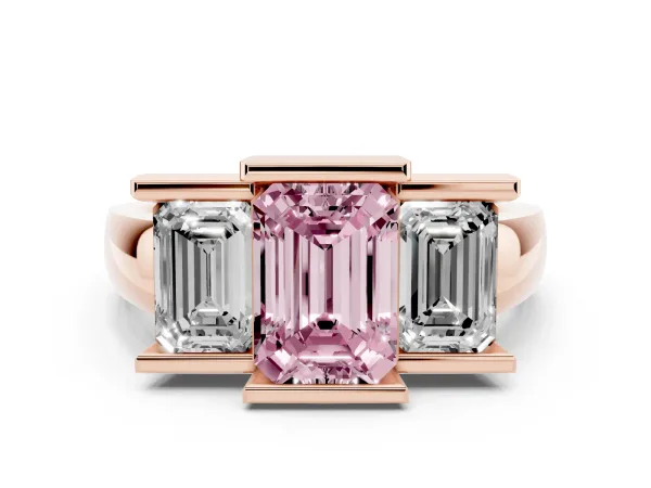 Fancy Pink Three Stone Emerald Cut Cut Channel Set Diamond Ring Rose gold