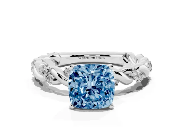 Fancy Blue Cushion Cut Diamond Solitaire Ring with Twisted Band and Pavé Accents Platinum