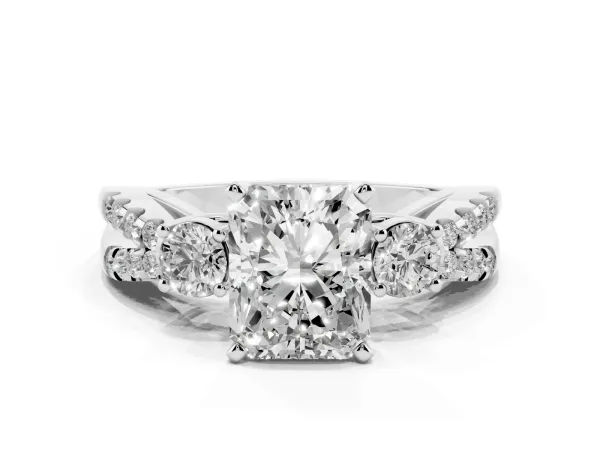 Radiant Cut Diamond Three-Stone Ring with Pavé Split Shank and Four-Prong Setting White gold