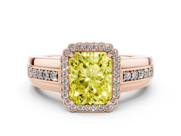 Fancy Yellow Radiant Cut Cut Halo Pave Band Four-Prong Ring Rose gold