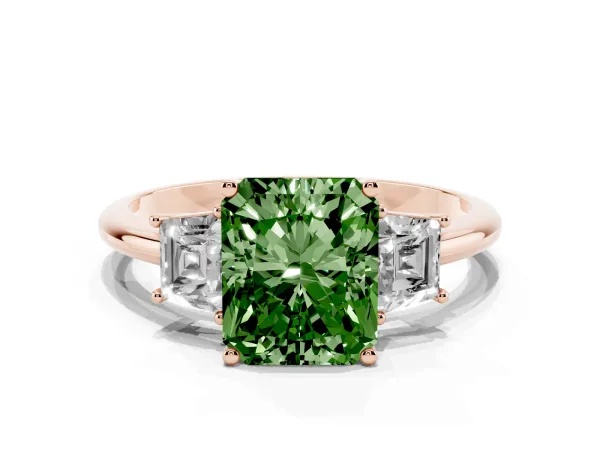 Fancy Green Radiant Cut Diamond Three-Stone Ring with Trapezoid Side Stones and Prong Setting Rose gold
