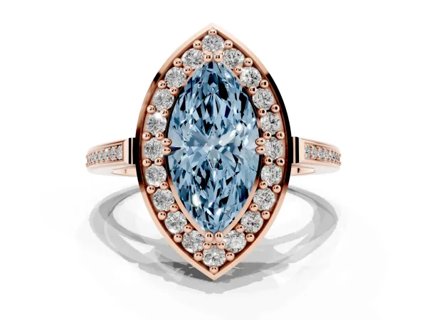 Fancy Blue Marquise Cut Diamond Halo Ring with Split Shank and Four-Prong Setting Rose gold