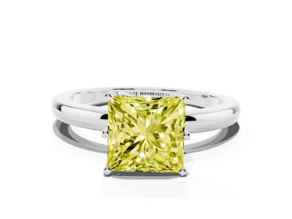 Fancy Yellow Princess Cut Solitaire Diamond Ring with Six-Prong Setting on a Classic Band Platinum