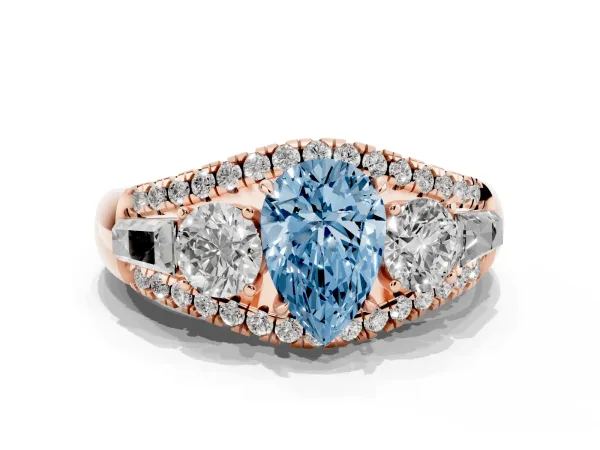 Fancy Blue Three-Stone Pear Cut Diamond Engagement Ring with Pave Band and Prong Setting Rose gold
