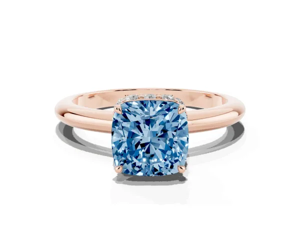 Fancy Blue Cushion Cut Brilliant Solitaire Engagement Ring with Six-Prong Setting and Classic Band Rose gold
