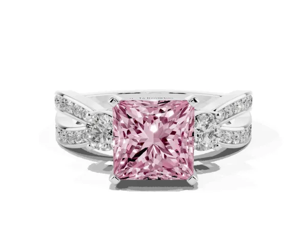 Fancy Pink Three-Stone Princess Cut Cut Diamond Twist Band with Prong Setting White gold