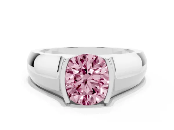 Fancy Pink Round Cut Solitaire Bezel Set Diamond Ring with Wide Band White gold