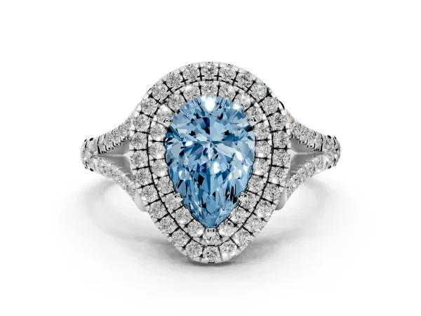 Fancy Blue Pear Cut Diamond Double Halo Ring with Split Shank and Prong Setting White gold