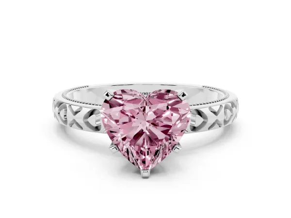 Fancy Pink Heart Cut Solitaire Diamond Engagement Ring with XO Engraved Band and Four-Prong Setting White gold