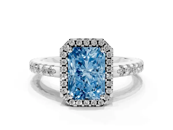 Fancy Blue Radiant Cut Diamond Halo Engagement Ring with Pavé Band and Prong Setting White gold