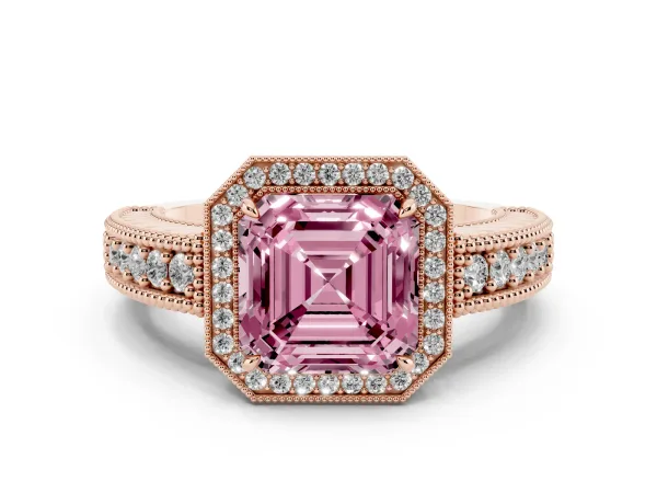 Fancy Pink Asscher Cut Cut Halo Diamond Ring with Pavé Band and Four-Prong Setting Rose gold