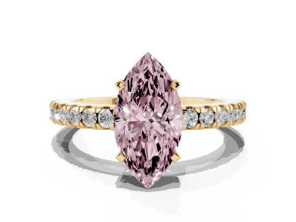 Fancy Pink Marquise Cut Solitaire Diamond with Pavé Band and Four-Prong Setting Yellow gold