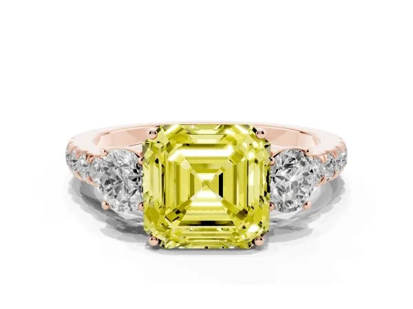 Fancy Yellow Asscher Cut Cut Diamond Three-Stone Ring with Round Side Stones and Pavé Band Rose gold