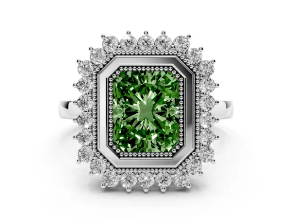 Fancy Green Radiant Cut Halo Diamond Ring with Milgrain Edge and Round Prong Setting Platinum