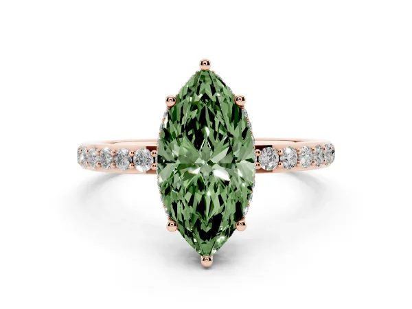 Fancy Green Marquise Cut Diamond Solitaire Ring with Pavé Band and Hidden Halo Rose gold