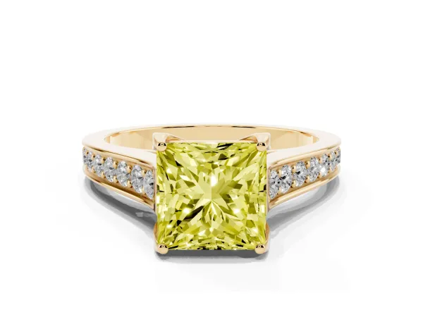 Fancy Yellow Princess Cut Brilliant Cut Diamond Engagement Ring with Pavé Band and Four-Prong Setting Yellow gold