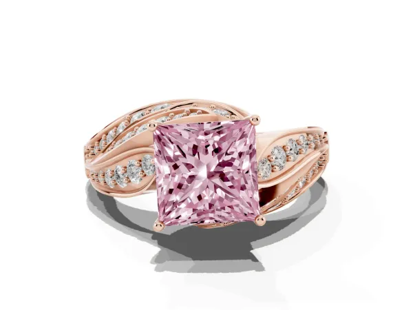 Fancy Pink Princess Cut Diamond Solitaire Ring with Prong Setting and Twisted Pavé Band Rose gold