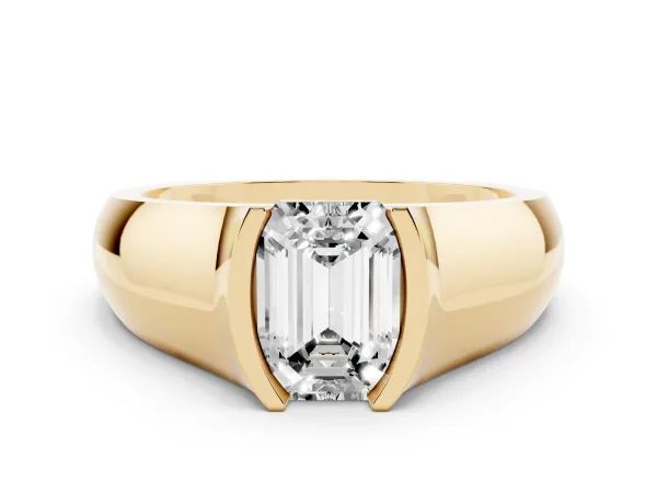 Emerald Cut Solitaire Bezel Set Diamond Ring with Wide Band Yellow gold