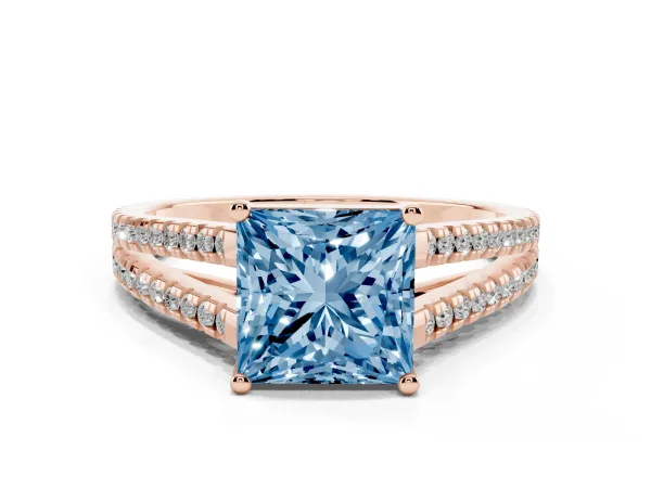 Fancy Blue Princess Cut Diamond Solitaire Engagement Ring with Split Shank Pavé Band Rose gold