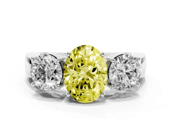 Fancy Yellow Three-Stone Oval Cut Diamond Ring with Round Side Stones, Classic Band, and Four-Prong Setting White gold